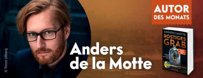 Man sieht das Porträt eines rotblonden Mannes mit schwarzer Hornbrille und ein Buch. Per Klick landet man beim Buchtipp von Anders de le Motte